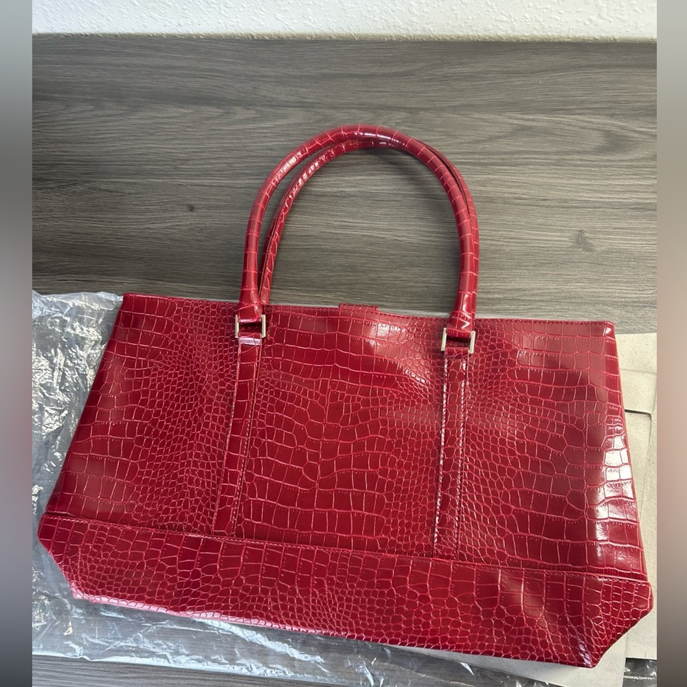 Vintage Lancome Red Faux Croc Large Tote Bag Cosmetic Travel Structured